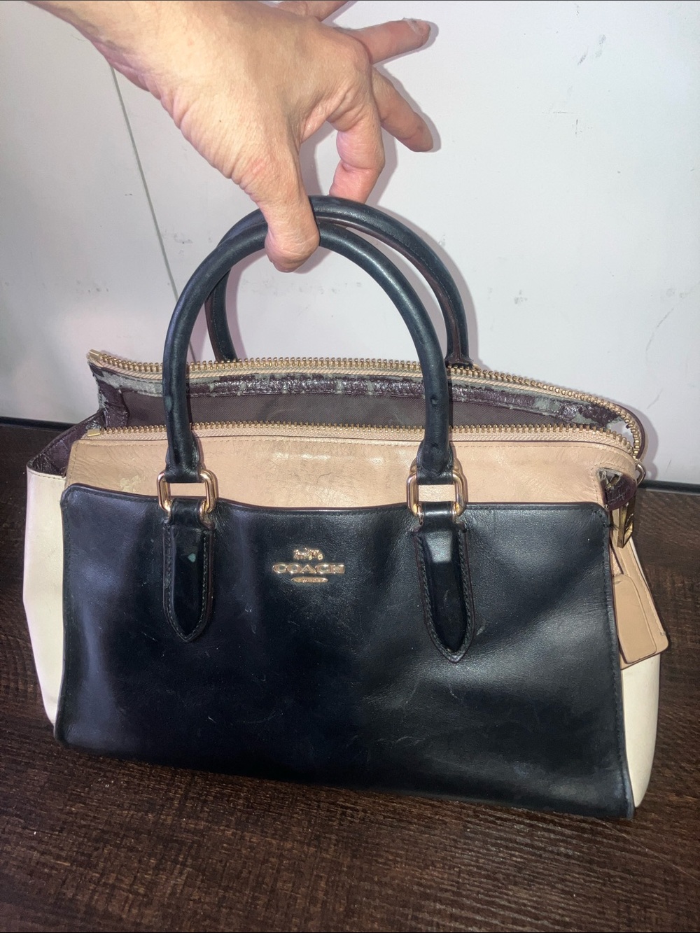 Coach Two-Tone Leather Satchel in Black and Beige